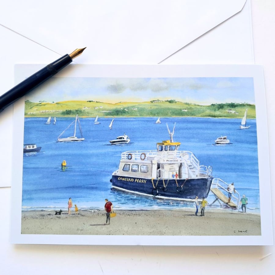 Blank greetings card A5 Cawsand Ferry Cornwall from original watercolour