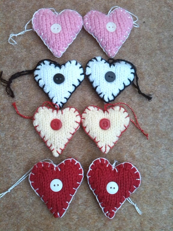 Hand knitted hearts, heart decorations,
