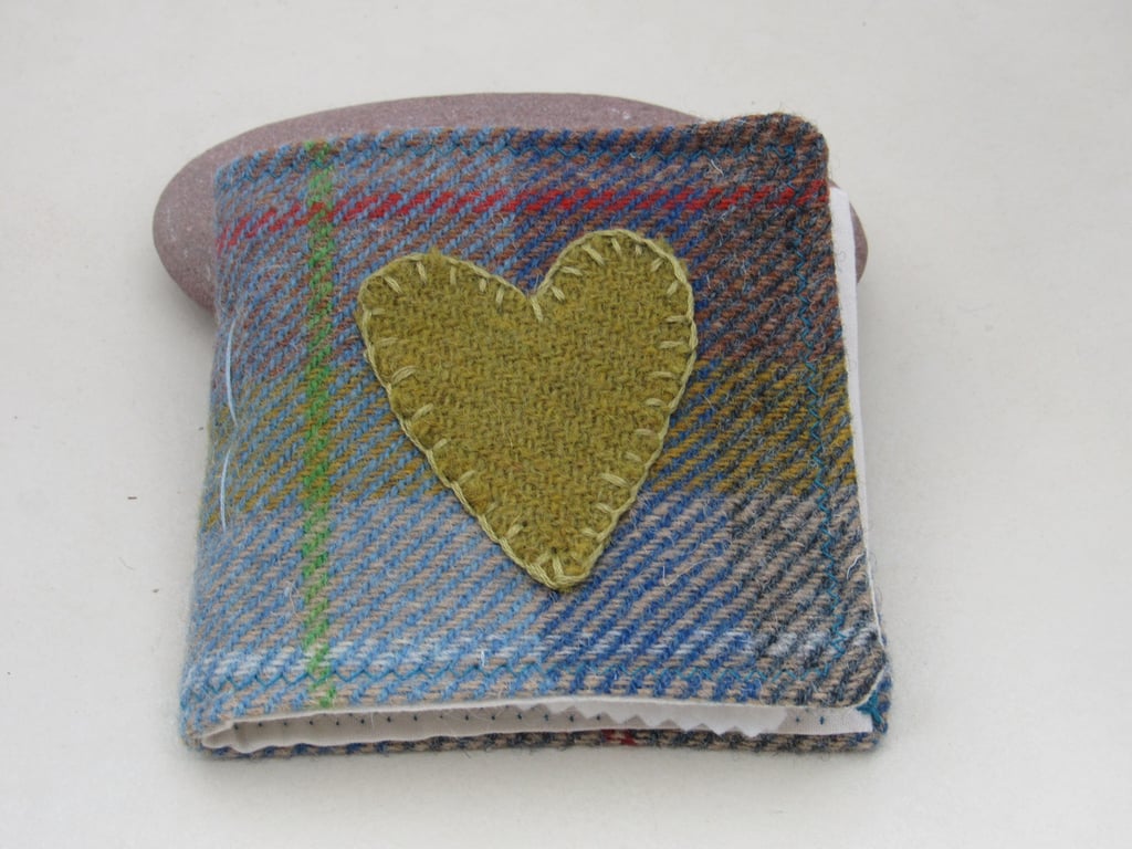 Handmade Blue Green Tartan Heart Tweed Needlebook