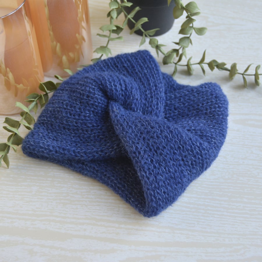 Knitted Headband Earwarmer Soft Alpaca Silk Bright Navy Blue Ready Made