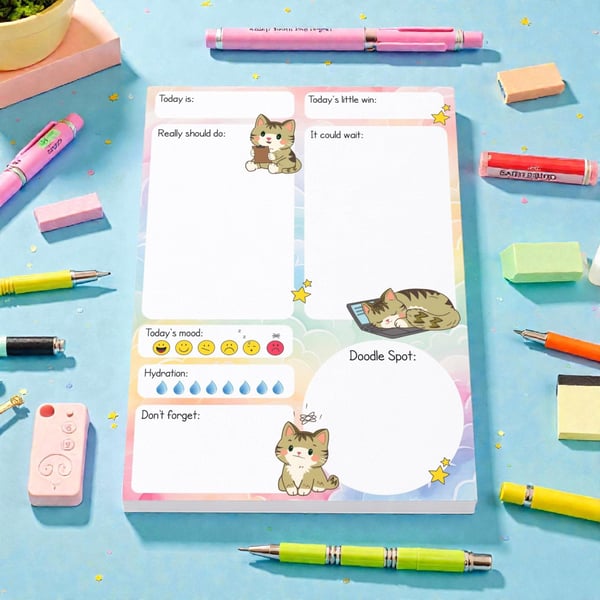 Cat Daily Planner Desk Pad Kawaii To Do List Organizer (A5)