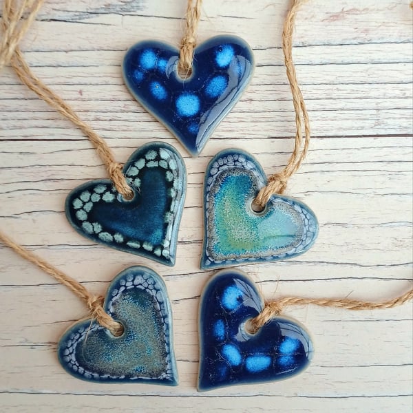 Mini Heart decorations ,blues Set of 5 