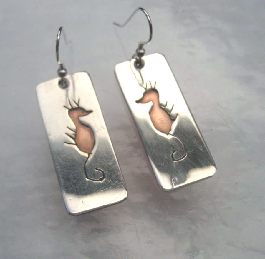 Seahorse earrings in sterling silver andcopper