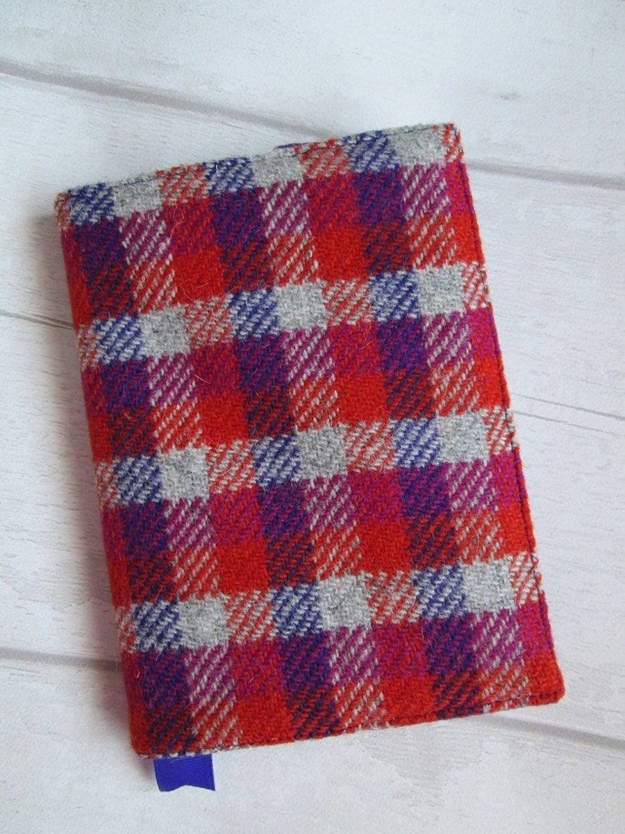 A6 'Harris Tweed' Reusable Notebook, Diary Cover - Red, Pink, and Purple Check
