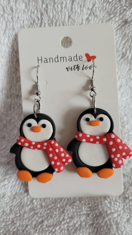 Handmade Penguin Christmas Polymer Clay Earrings. 316 Surgical Stainless Steel