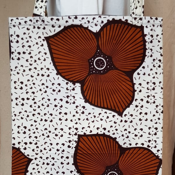 African fabric tote bag: cream and brown