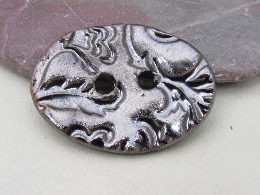 Large Bronze Brocade Oval Handmade Ceramic Button