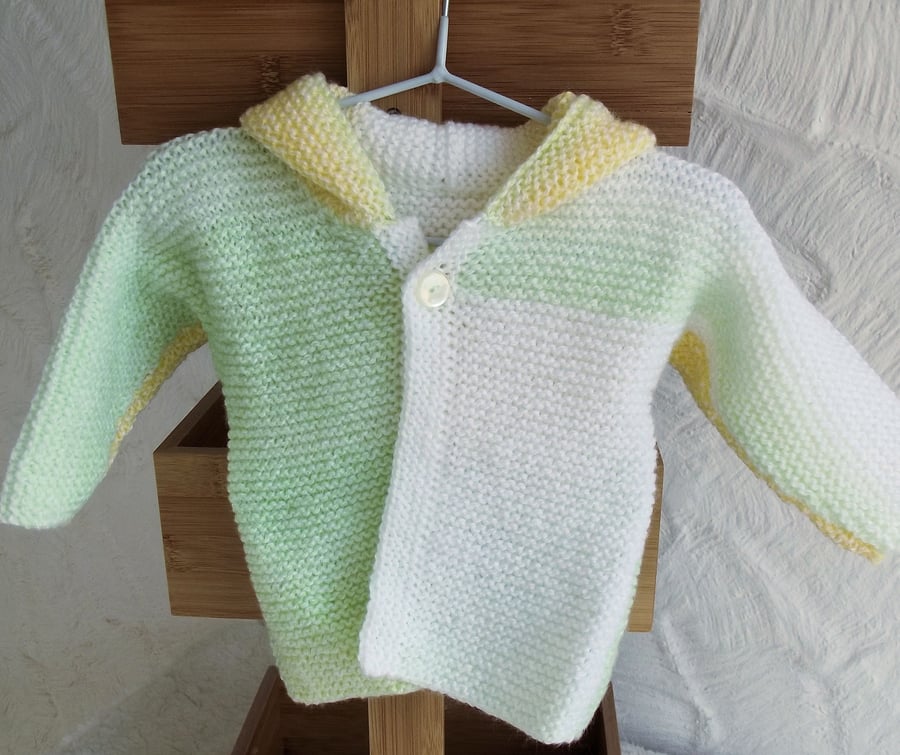 Babies Handknitted Jacket Cardigan, Lemon Green White, 0 to 3 months, hm85