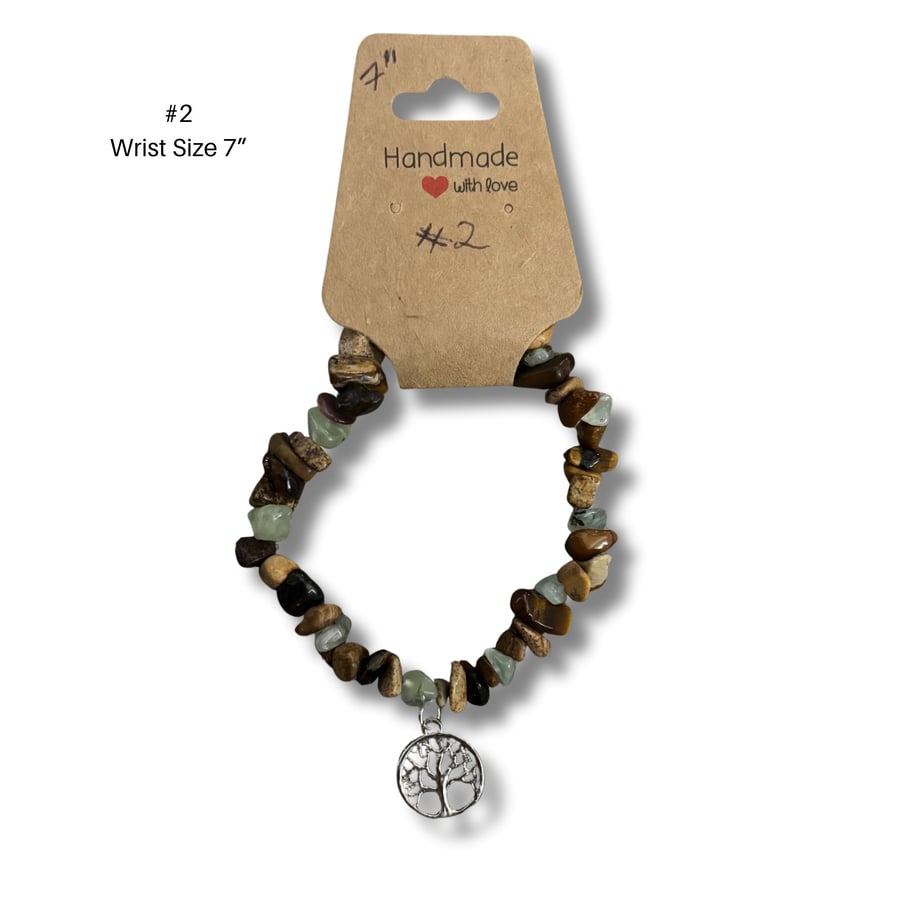 Bracelet 2 – Handmade Brown Chip Bead Bracelet 7” Tree Charm 