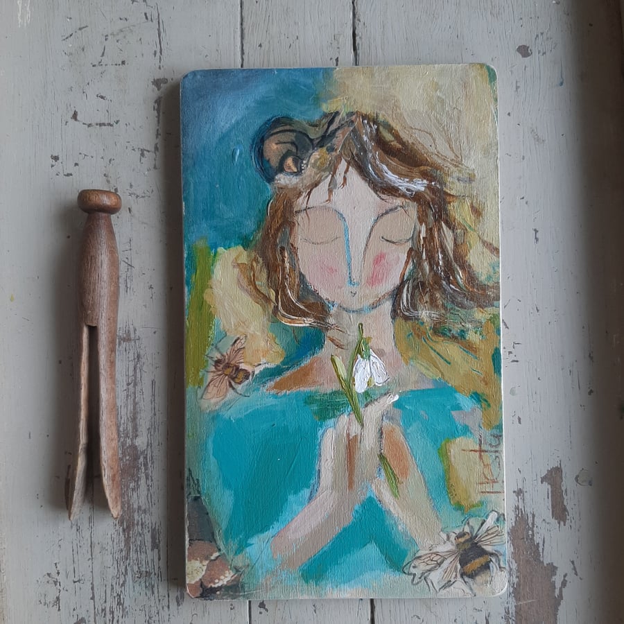 Snowdrop girl original painting on reclaimed wood 