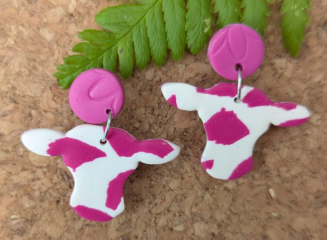 Vibrant Pink & White Cow Print Drop Earrings - Handmade Polymer Clay