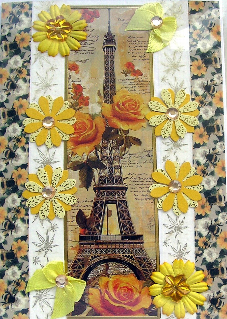 Eiffel Tower & Yellow Roses Hand Crafted Decoupage Greeting Card - Blank - 3245