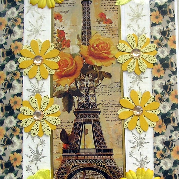 Eiffel Tower & Yellow Roses Hand Crafted Decoupage Greeting Card - Blank - 3245