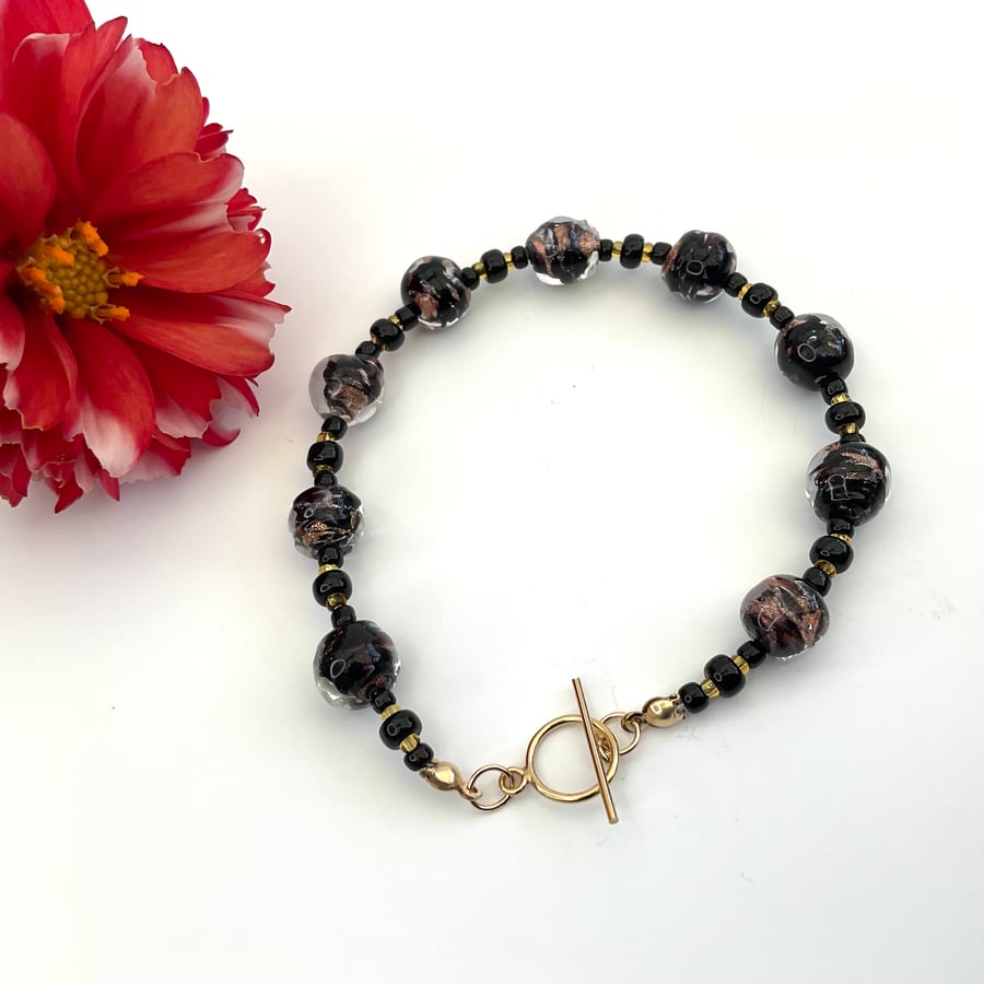 Black Murano Glass Bracelet Sterling Silver Toggle, Black Glass Beaded Bracelet