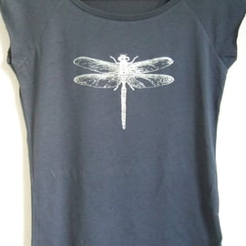 Silver Dragonfly womens printed T shirt denim blue bamboo and organic cotton