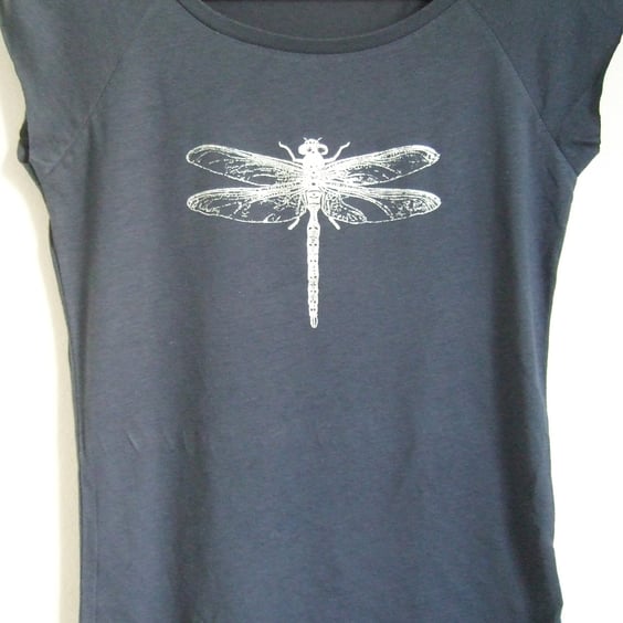 Silver Dragonfly womens printed T shirt denim blue bamboo and organic cotton