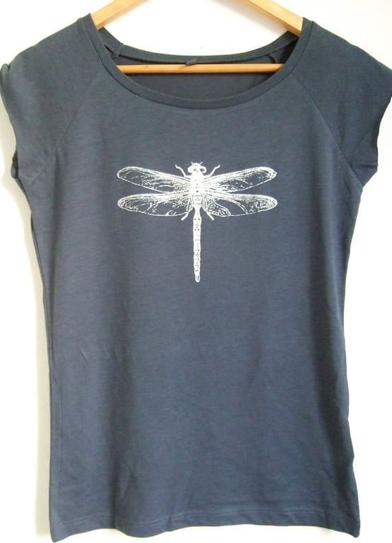 Silver Dragonfly womens printed T shirt denim blue bamboo and organic cotton 