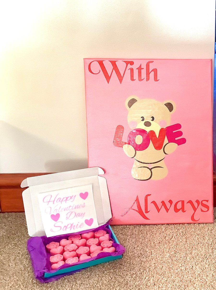 Personalised Canvas, decal and wax melt gift set valentines 