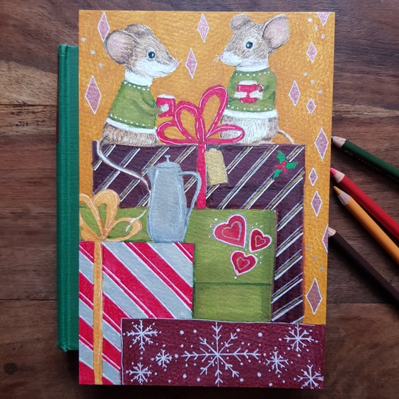Christmas mice wrapping presents whilst drinking coffee original artwork 