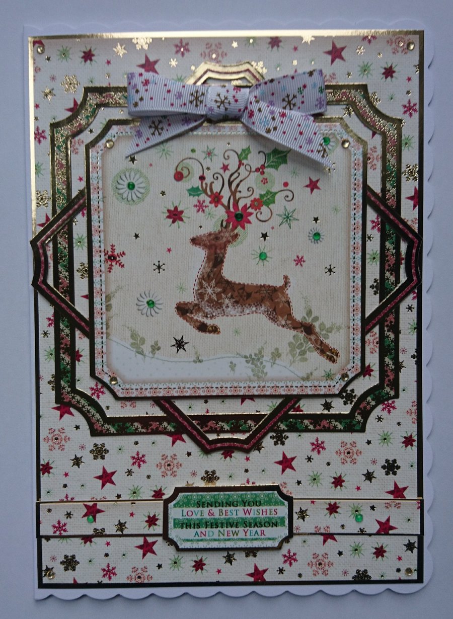 Christmas Card Ornate Leaping Reindeer Holly Poinsettias