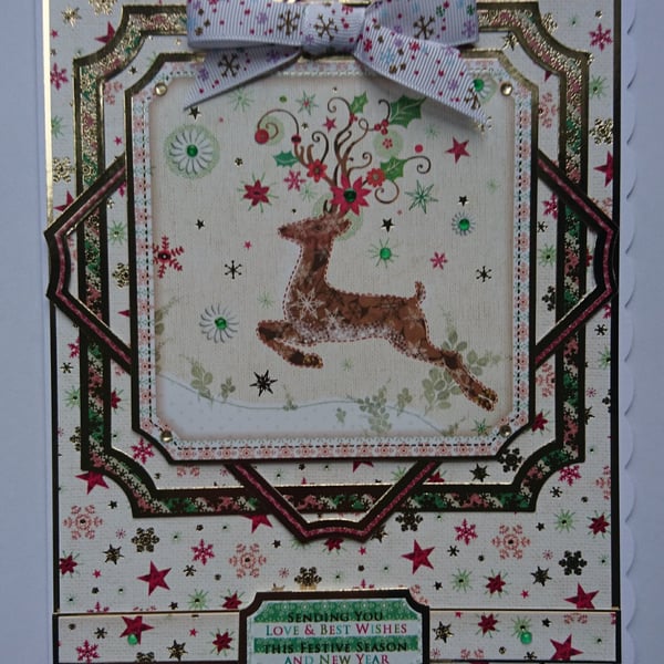 Christmas Card Ornate Leaping Reindeer Holly Poinsettias