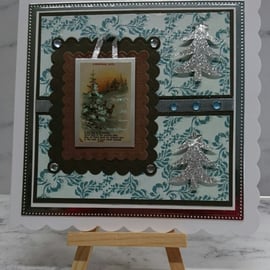 Handmade Christmas Card Snow Forest Scene Reindeer Christmas Trees