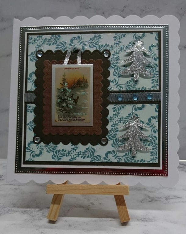 Handmade Christmas Card Snow Forest Scene Reindeer Christmas Trees