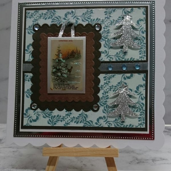 Handmade Christmas Card Snow Forest Scene Reindeer Christmas Trees