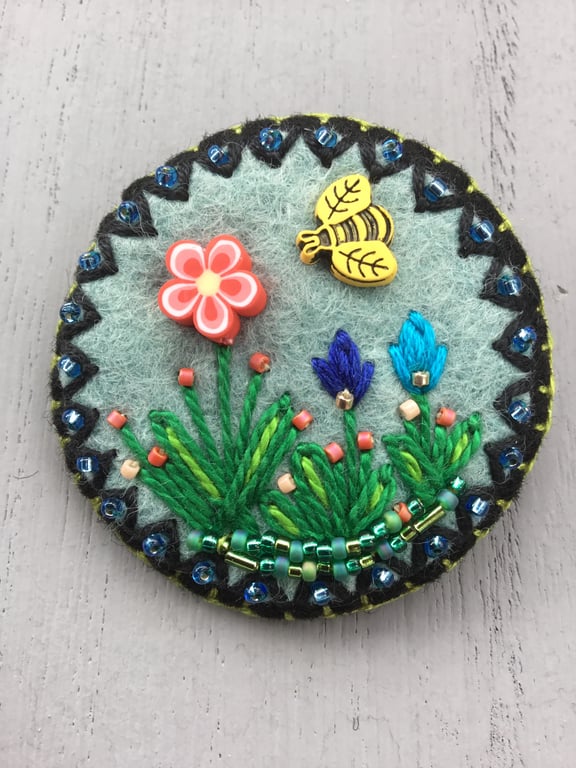 Hand Embroidered Buzzing Bee Brooch