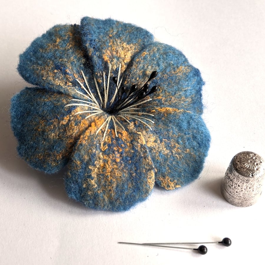 Large felted flower brooch - blue and yellow.