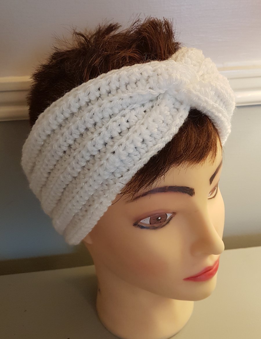 Hand crochet twisted white sparkly ear warmer hair band Size Large