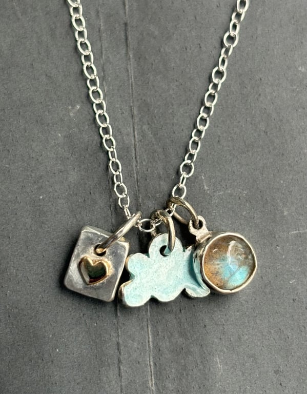 Silver Charm Necklace, cloud charm necklace, labradorite necklace, gold heartt