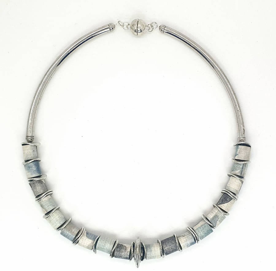 Colar necklace made of blue grey paper beads, silvery separators and colar tubes