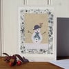 Sweet little snowman card with Liberty print background and berries in his hat!