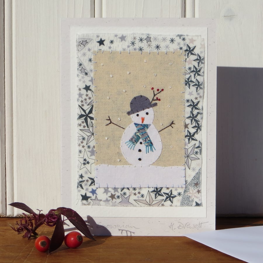 Sweet little snowman card with Liberty print background and berries in his hat!