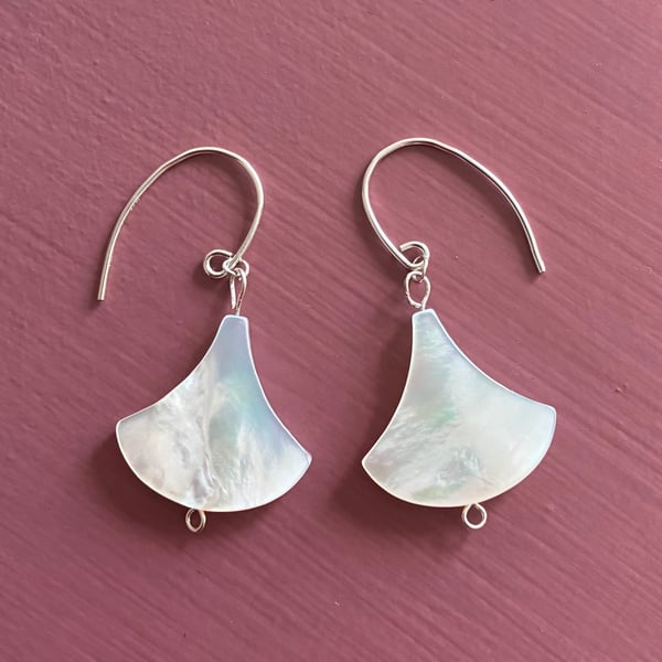 Decorative Fan-Shaped Mother of Pearl and Sterling Silver Earrings