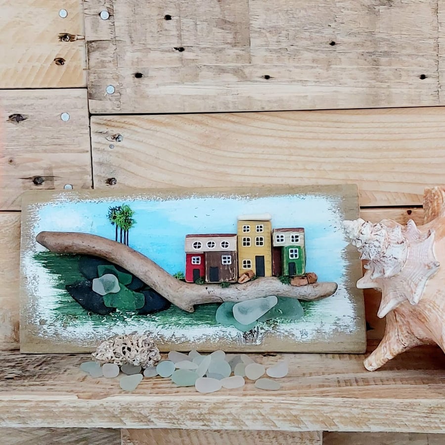 Sustainable Driftwood & Sea Glass Art Picture, Rustic Coastal Wall Hanging
