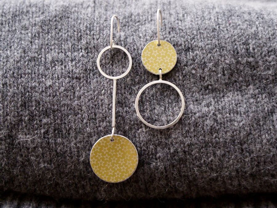 Silver and soft gold starry mismatched drop earrings