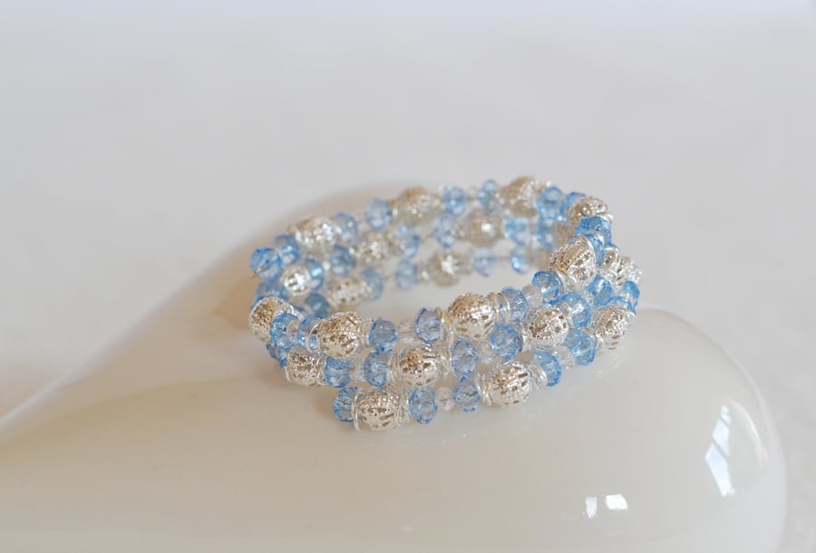 Silver and Blue and Beaded Wrap  Around Bracelet