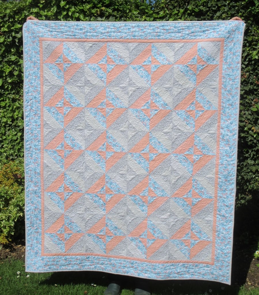 'Morning Mist'  Cotton Patchwork Quilt in soft grey, blue and peach