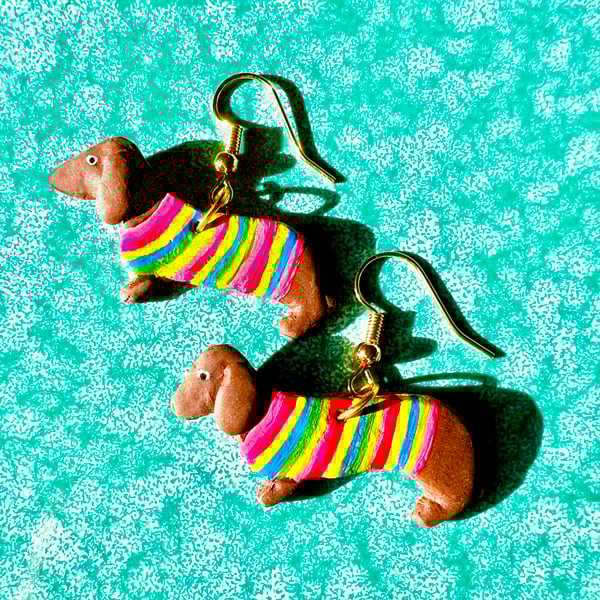 Dachshund earrings made of polymer clay on gold plated ear hooks
