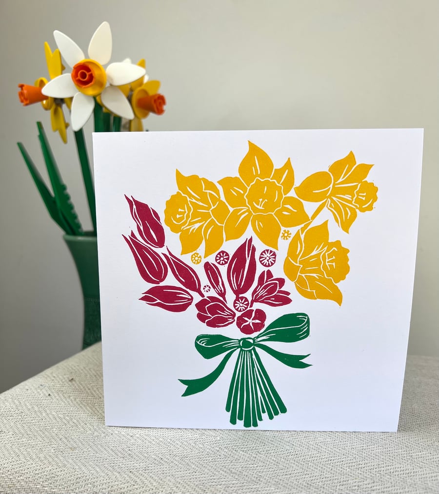 Spring Flowers, Daffodils and Tulips - Lino Printed card