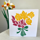 Spring Flowers, Daffodils and Tulips - Lino Printed card