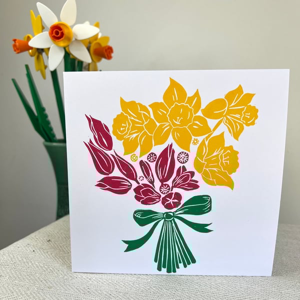 Spring Flowers, Daffodils and Tulips - Lino Printed card