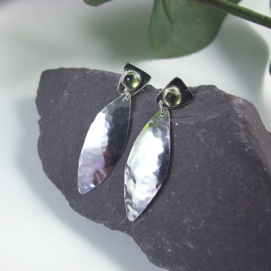 Peridot Earrings, Sterling Silver Long Leaf Dropper Earrings