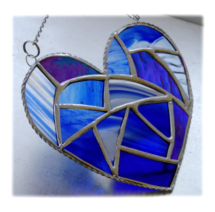 Fat Patchwork Heart Suncatcher Blue Water Stained Glass Handmade 