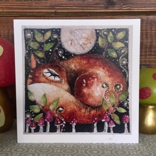 Whimsical curled up fox with mushrooms in moonlight digital print