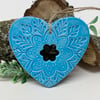 Ceramic heart hanging decoration Pottery heart bright turquoise