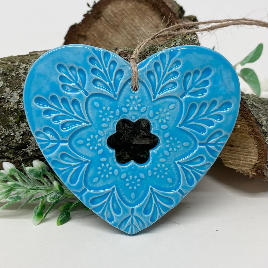 Ceramic heart hanging decoration Pottery heart bright turquoise