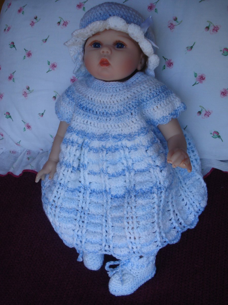 Crochet Dress, Bootees and Hat, Bonnet, In Pale Blue and White 3 Months (R186)